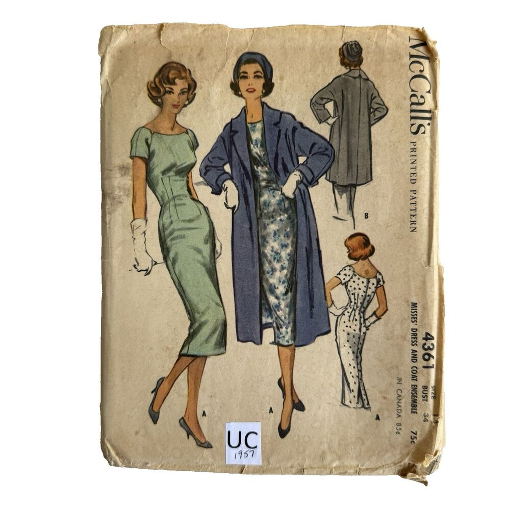 Vtg 50s McCalls 4361 Sewing Pattern Dress Coat Jacket Sz 14 Bust 34"